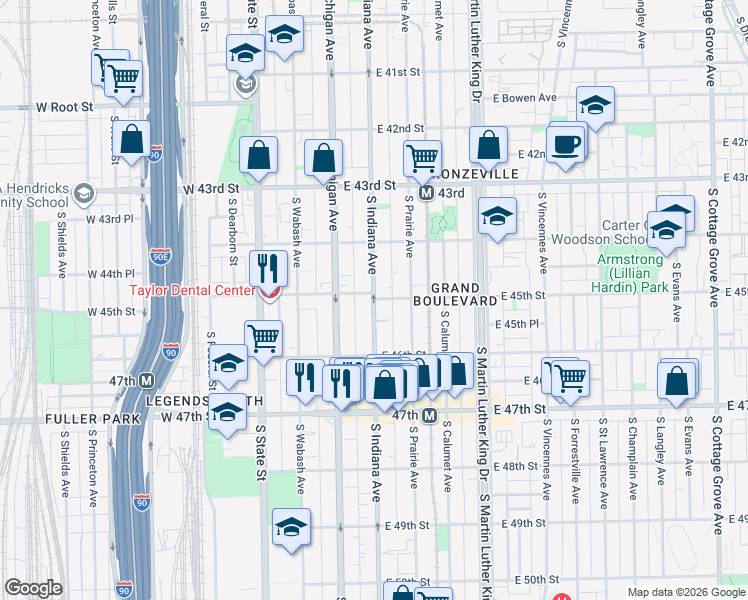 map of restaurants, bars, coffee shops, grocery stores, and more near 4513 South Indiana Avenue in Chicago