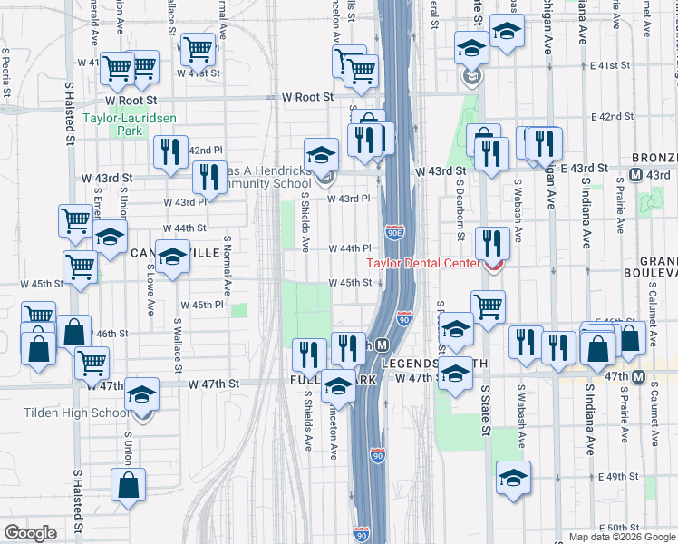 map of restaurants, bars, coffee shops, grocery stores, and more near 4467 South Princeton Avenue in Chicago