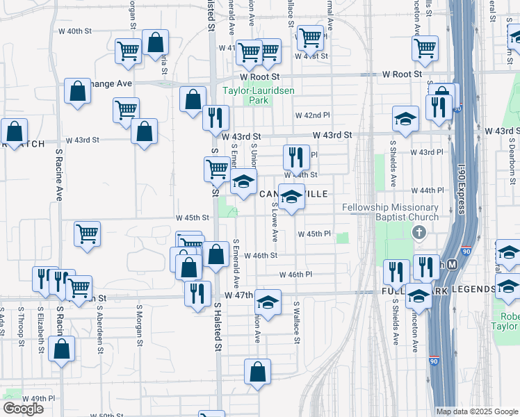 map of restaurants, bars, coffee shops, grocery stores, and more near 4500 South Union Avenue in Chicago