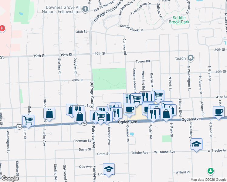 map of restaurants, bars, coffee shops, grocery stores, and more near 301 Shady Lane in Downers Grove