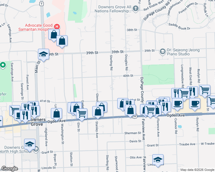 map of restaurants, bars, coffee shops, grocery stores, and more near 4060 Sterling Road in Downers Grove