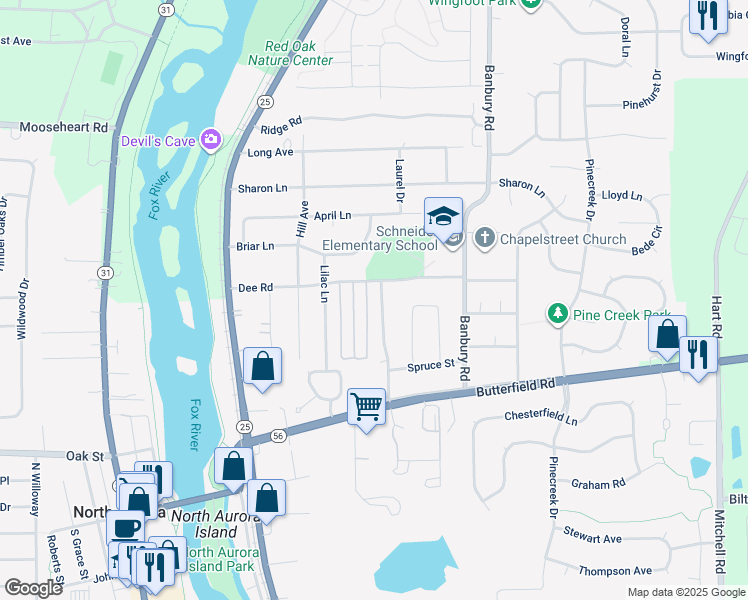 map of restaurants, bars, coffee shops, grocery stores, and more near 217 Linn Court in North Aurora