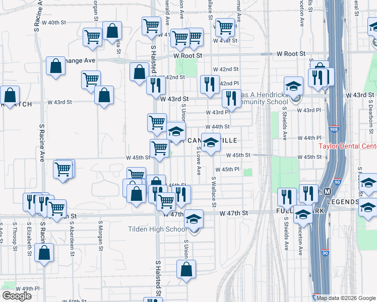 map of restaurants, bars, coffee shops, grocery stores, and more near 4500 South Union Avenue in Chicago
