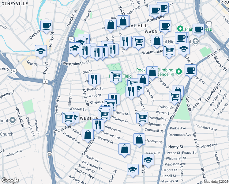 map of restaurants, bars, coffee shops, grocery stores, and more near 105 Parade Street in Providence
