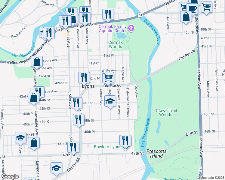map of restaurants, bars, coffee shops, grocery stores, and more near 4327 Gage Avenue in Lyons