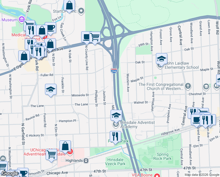 map of restaurants, bars, coffee shops, grocery stores, and more near 524 Mills Street in Hinsdale