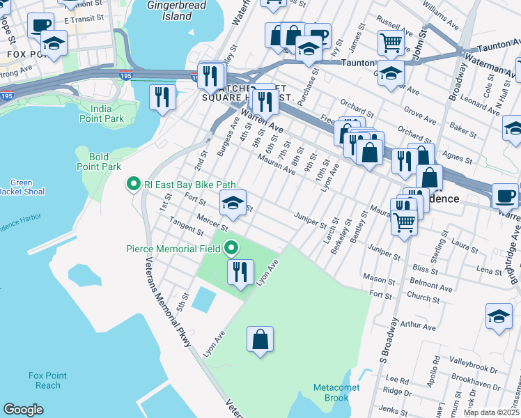 map of restaurants, bars, coffee shops, grocery stores, and more near 225 Quarry Street in East Providence