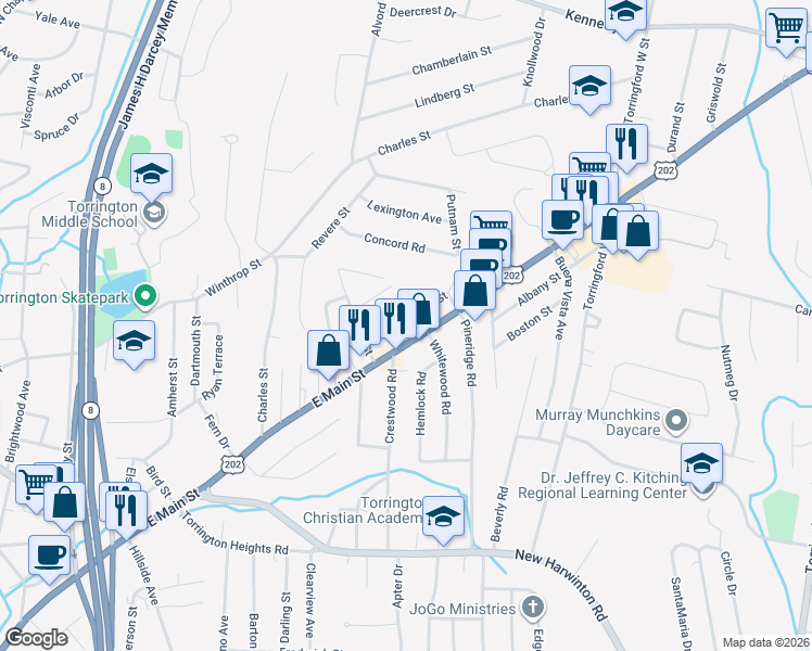 map of restaurants, bars, coffee shops, grocery stores, and more near 927 East Main Street in Torrington