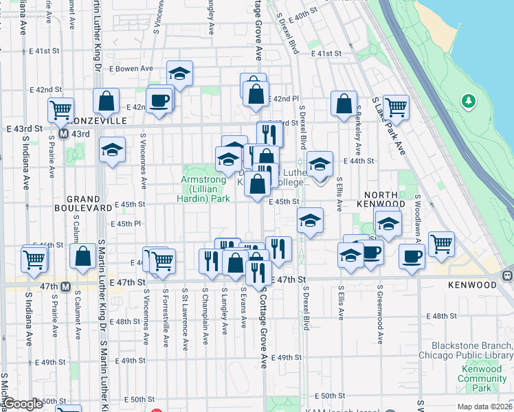 map of restaurants, bars, coffee shops, grocery stores, and more near 4521 South Evans Avenue in Chicago