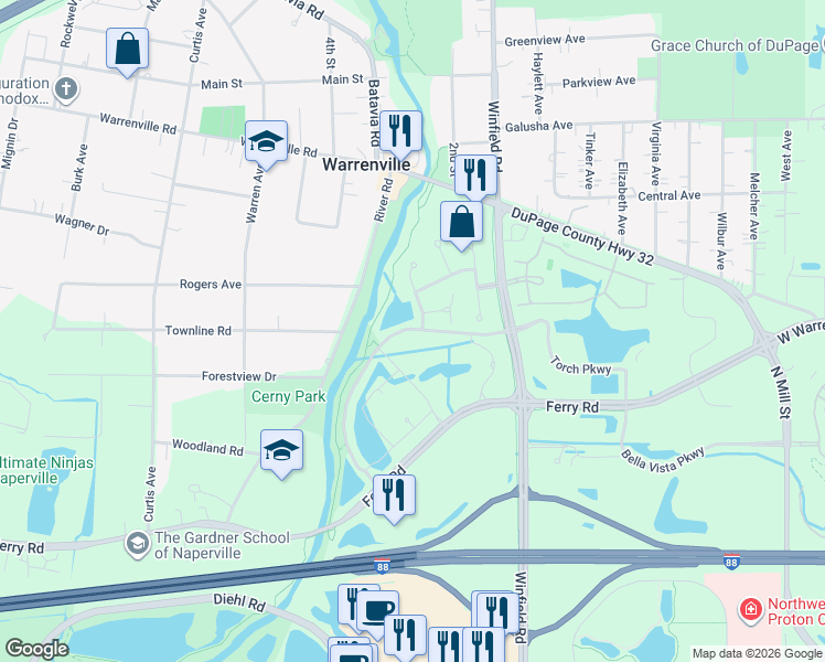 map of restaurants, bars, coffee shops, grocery stores, and more near 28175 Torch Pkwy in Warrenville