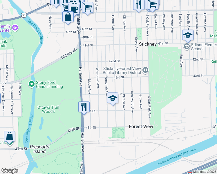 map of restaurants, bars, coffee shops, grocery stores, and more near 4343 Wenonah Avenue in Stickney