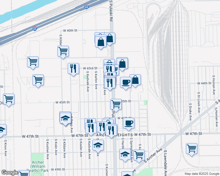 map of restaurants, bars, coffee shops, grocery stores, and more near 4433 South Komensky Avenue in Chicago