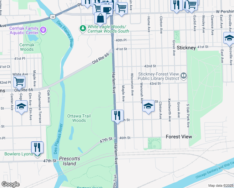map of restaurants, bars, coffee shops, grocery stores, and more near 4408 South Harlem Avenue in Lyons
