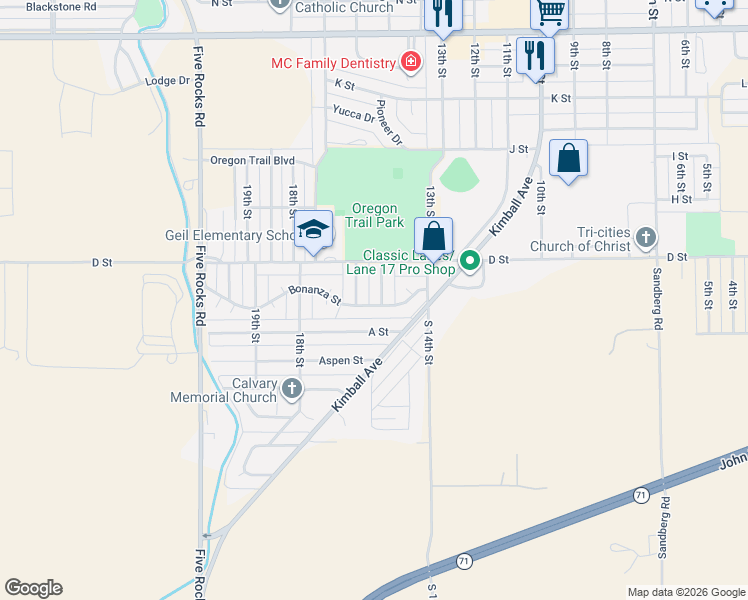 map of restaurants, bars, coffee shops, grocery stores, and more near 1585 Bonanza St in Gering