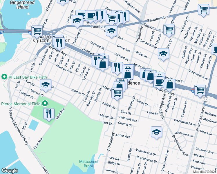 map of restaurants, bars, coffee shops, grocery stores, and more near 63 Fraser Street in East Providence