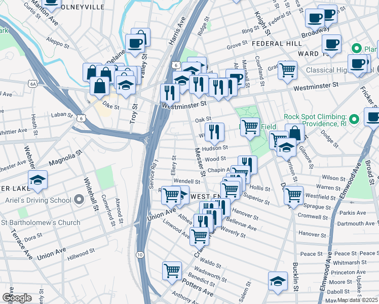 map of restaurants, bars, coffee shops, grocery stores, and more near 138 Wood Street in Providence