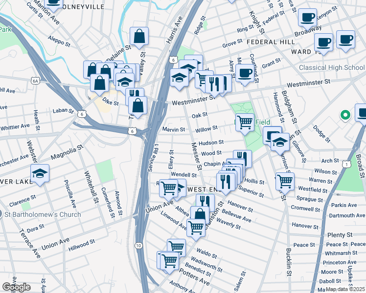 map of restaurants, bars, coffee shops, grocery stores, and more near 138 Wood Street in Providence
