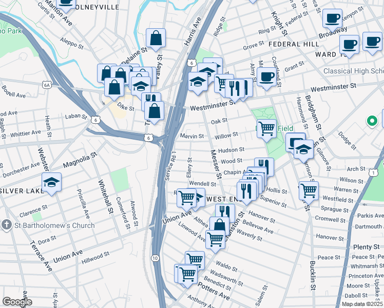 map of restaurants, bars, coffee shops, grocery stores, and more near 138 Wood Street in Providence