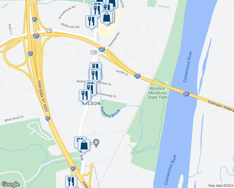 map of restaurants, bars, coffee shops, grocery stores, and more near 70 Skitchewaug Street in Windsor