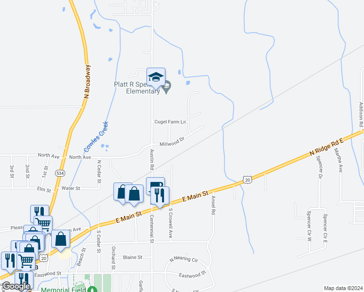 map of restaurants, bars, coffee shops, grocery stores, and more near 870 Millwood Drive in Geneva