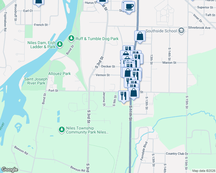 map of restaurants, bars, coffee shops, grocery stores, and more near 411 Fort Street in Niles