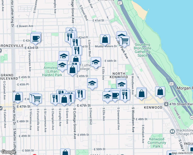 map of restaurants, bars, coffee shops, grocery stores, and more near 923 East 45th Street in Chicago