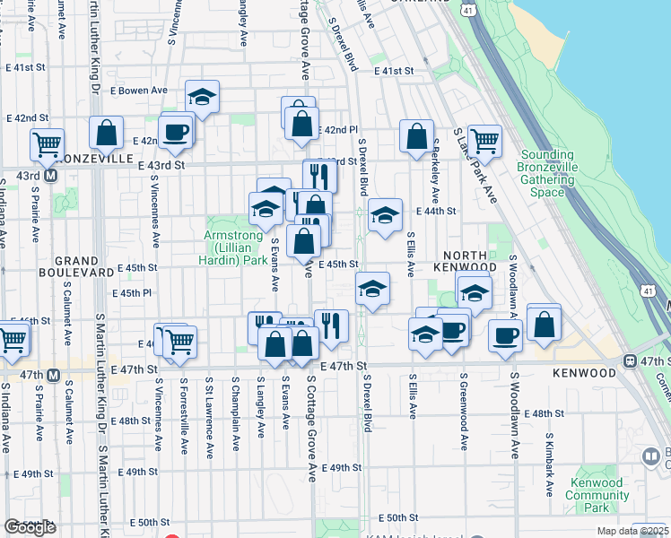 map of restaurants, bars, coffee shops, grocery stores, and more near 4525 South Cottage Grove Avenue in Chicago
