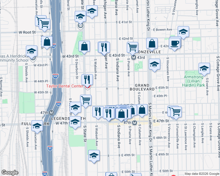 map of restaurants, bars, coffee shops, grocery stores, and more near 4519 South Michigan Avenue in Chicago