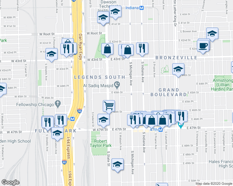 map of restaurants, bars, coffee shops, grocery stores, and more near 4519 South State Street in Chicago