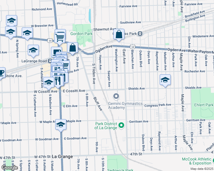 map of restaurants, bars, coffee shops, grocery stores, and more near 500 East Cossitt Avenue in La Grange