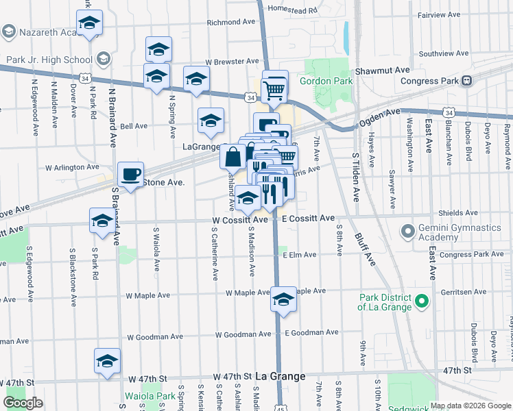 map of restaurants, bars, coffee shops, grocery stores, and more near 88 U.S. 45 in La Grange