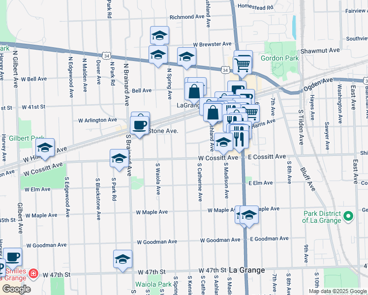 map of restaurants, bars, coffee shops, grocery stores, and more near 61 South Kensington Avenue in La Grange