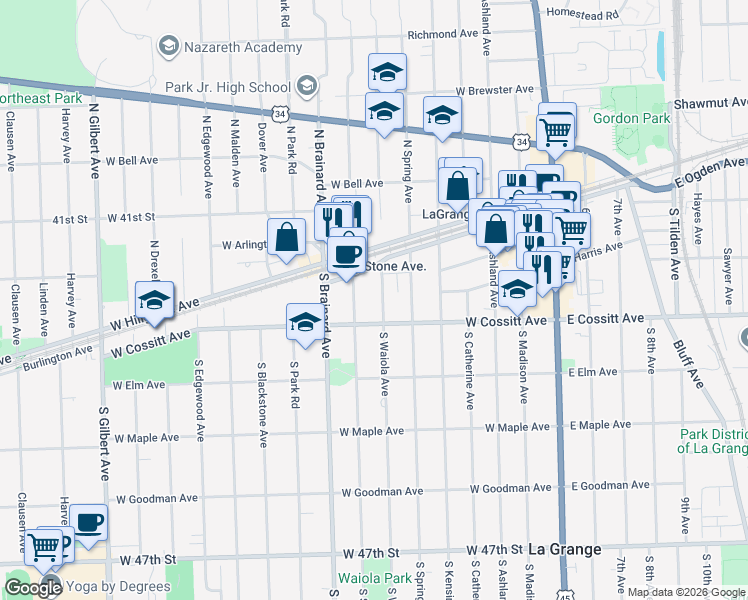 map of restaurants, bars, coffee shops, grocery stores, and more near 46 South Waiola Avenue in La Grange