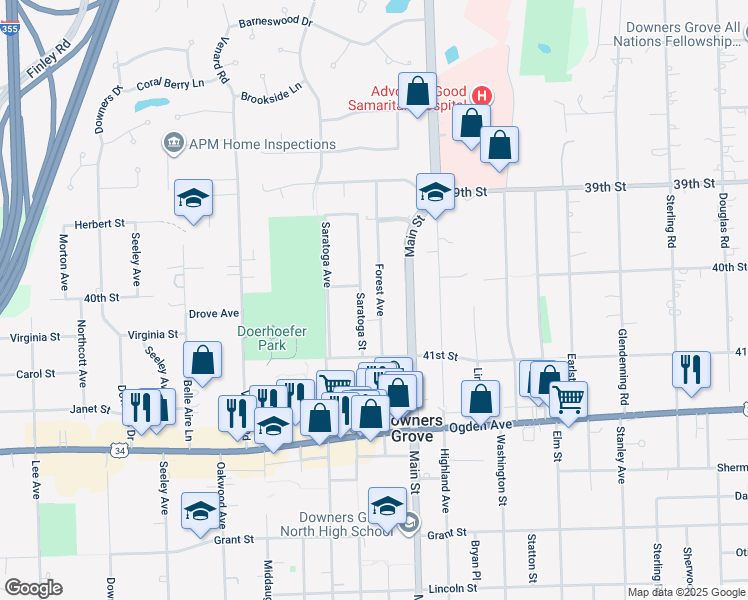 map of restaurants, bars, coffee shops, grocery stores, and more near 4103 Forest Avenue in Downers Grove