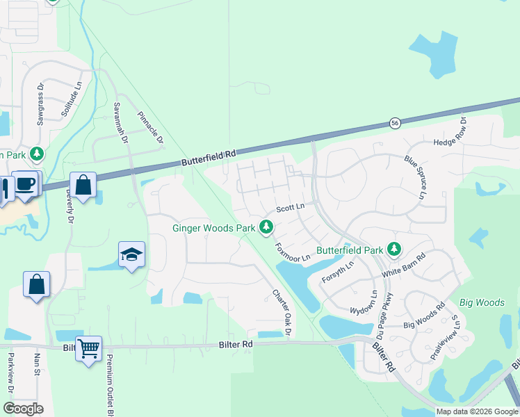 map of restaurants, bars, coffee shops, grocery stores, and more near 2762 Packford Lane in Aurora