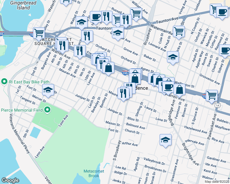 map of restaurants, bars, coffee shops, grocery stores, and more near 63 Fraser Street in East Providence