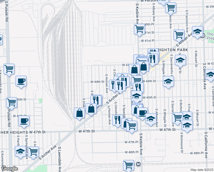 map of restaurants, bars, coffee shops, grocery stores, and more near W 38th Pl & S St Louis Ave in Chicago