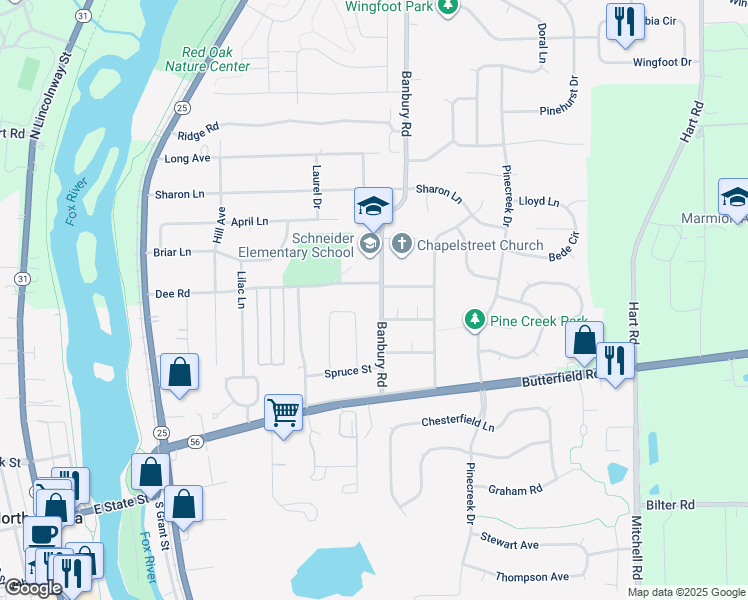 map of restaurants, bars, coffee shops, grocery stores, and more near 214 Banbury Road in North Aurora