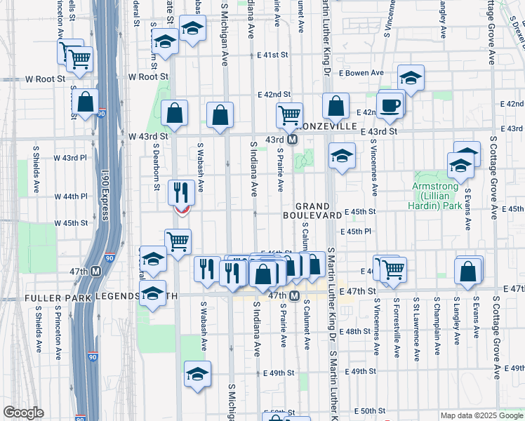 map of restaurants, bars, coffee shops, grocery stores, and more near 206 East 45th Street in Chicago