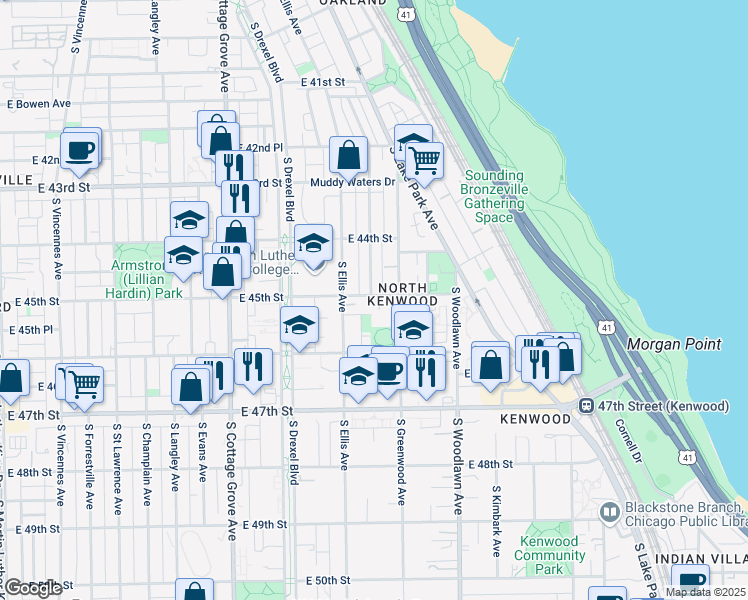 map of restaurants, bars, coffee shops, grocery stores, and more near 4526 South Greenwood Avenue in Chicago