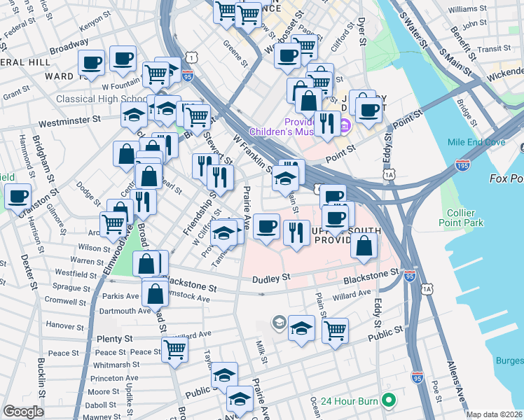 map of restaurants, bars, coffee shops, grocery stores, and more near 50 Prairie Avenue in Providence