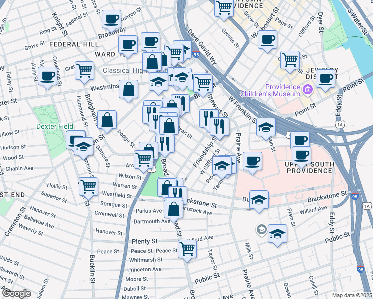 map of restaurants, bars, coffee shops, grocery stores, and more near 460 Pine Street in Providence
