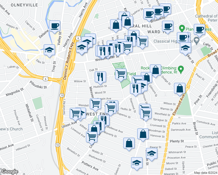 map of restaurants, bars, coffee shops, grocery stores, and more near 36 Wood Street in Providence