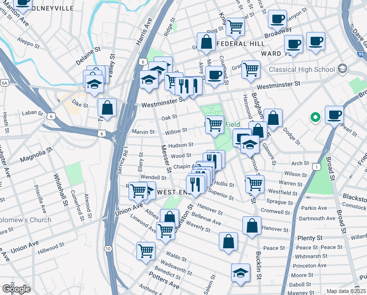 map of restaurants, bars, coffee shops, grocery stores, and more near in Providence