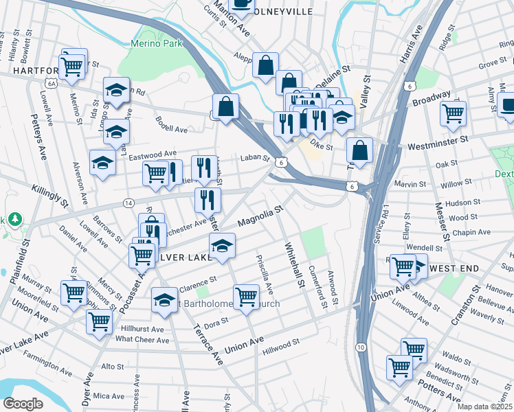 map of restaurants, bars, coffee shops, grocery stores, and more near 195 Magnolia Street in Providence
