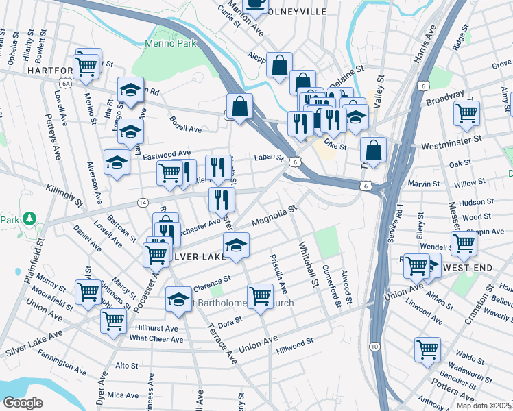 map of restaurants, bars, coffee shops, grocery stores, and more near 195 Magnolia Street in Providence