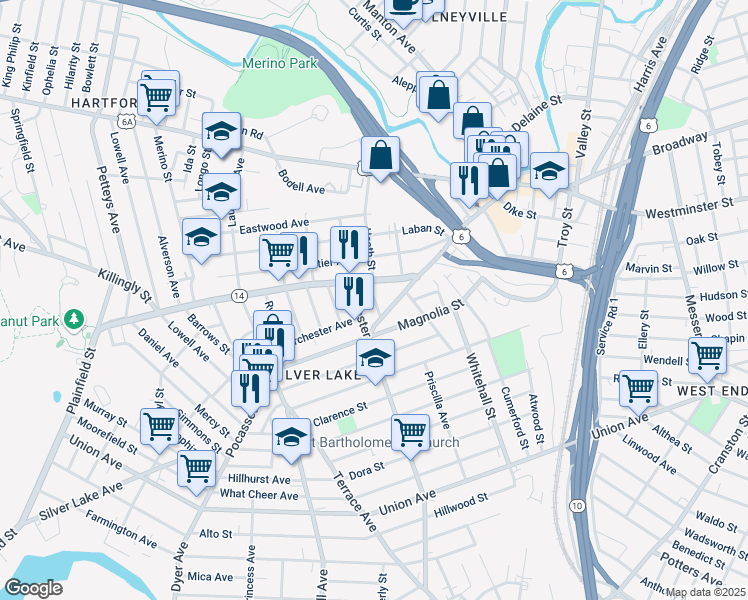 map of restaurants, bars, coffee shops, grocery stores, and more near 49 Pocasset Avenue in Providence