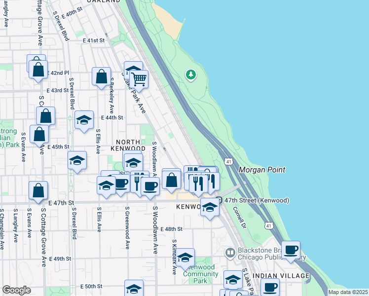 map of restaurants, bars, coffee shops, grocery stores, and more near 4559 South Oakenwald Avenue in Chicago