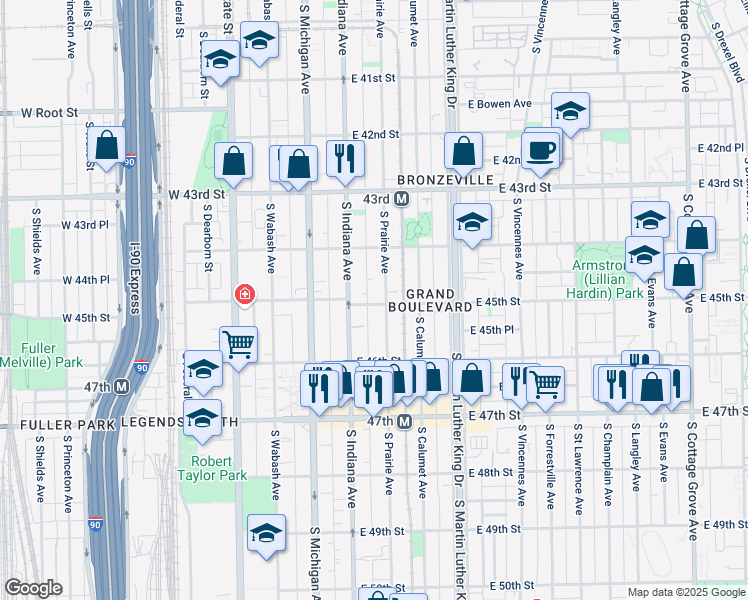 map of restaurants, bars, coffee shops, grocery stores, and more near 4517 South Prairie Avenue in Chicago