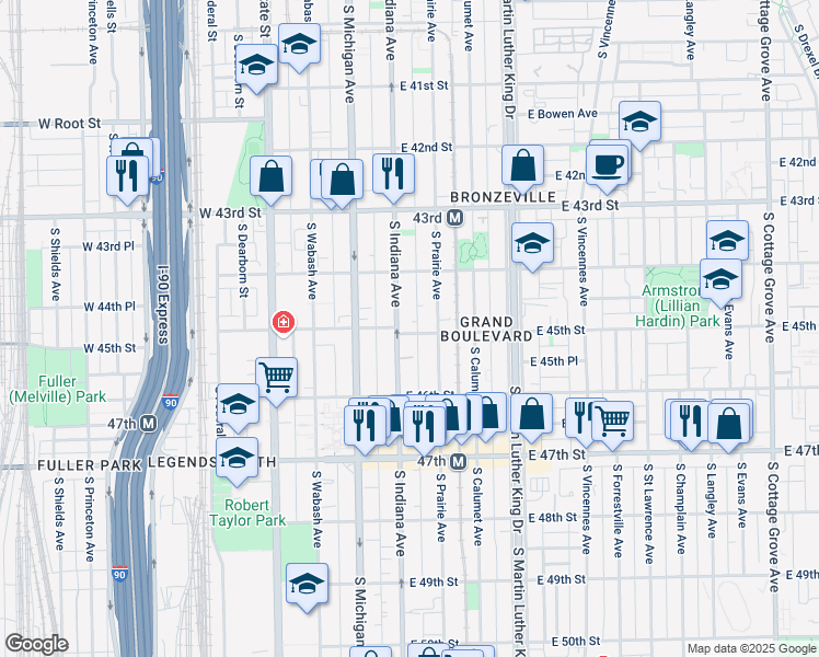 map of restaurants, bars, coffee shops, grocery stores, and more near 4513 South Indiana Avenue in Chicago